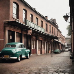 An old terminal in a small town, with weathered buildings, vintage signage, and a few people waiting for their buses