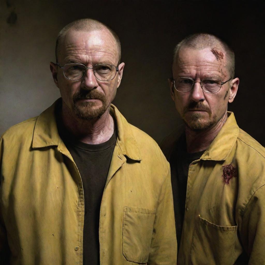 Walter White and Jesse Pinkman from Breaking Bad, elevated to a new level of thrill as zombies. Their normally recognizable traits have evolved into grotesquely captivating zombie features, forming an unforgettable duo of the undead.