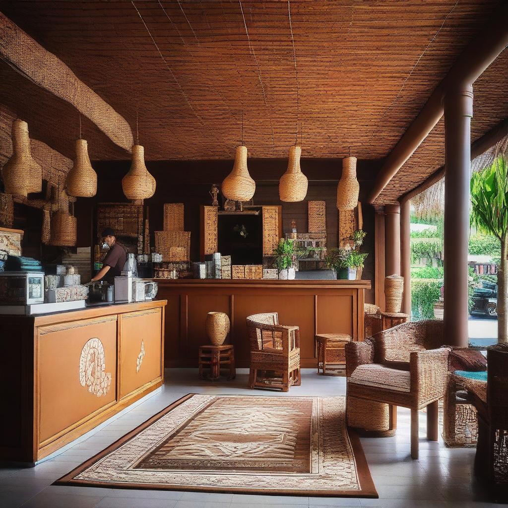 A classic coffee shop in Aceh, Indonesia, with traditional wooden furniture and decor