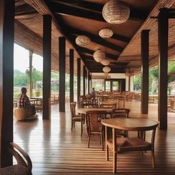 A classic coffee shop in Aceh, Indonesia, with traditional wooden furniture and decor