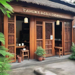 A classic coffee shop in Aceh, Indonesia, with traditional wooden furniture and decor