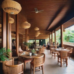 A classic coffee shop in Aceh, Indonesia, with traditional wooden furniture and decor