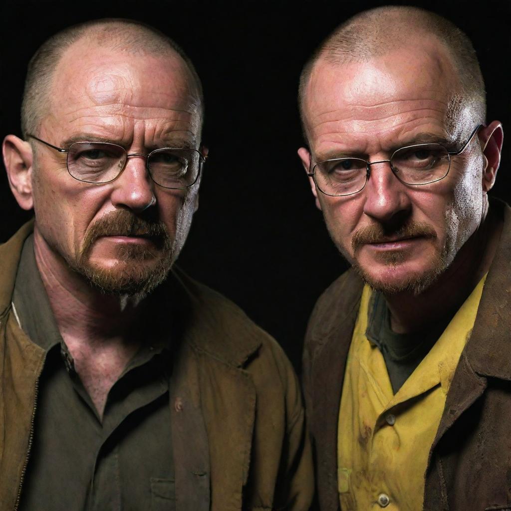 Walter White and Jesse Pinkman from Breaking Bad, elevated to a new level of thrill as zombies. Their normally recognizable traits have evolved into grotesquely captivating zombie features, forming an unforgettable duo of the undead.