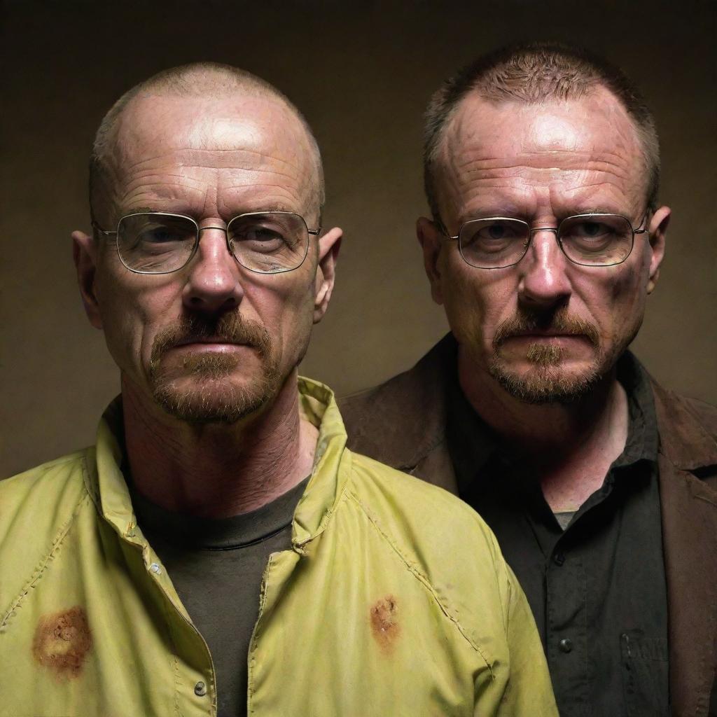 Walter White and Jesse Pinkman from Breaking Bad, elevated to a new level of thrill as zombies. Their normally recognizable traits have evolved into grotesquely captivating zombie features, forming an unforgettable duo of the undead.