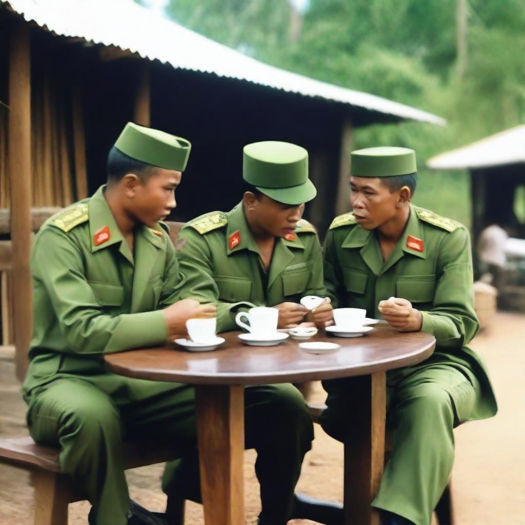 Indonesian soldiers enjoying coffee at a roadside coffee shop