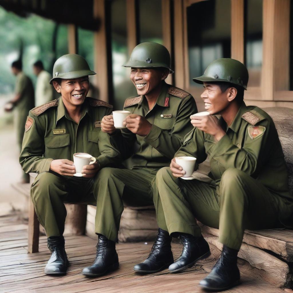 Indonesian soldiers enjoying coffee at a roadside coffee shop