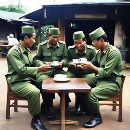 Indonesian soldiers enjoying coffee at a roadside coffee shop