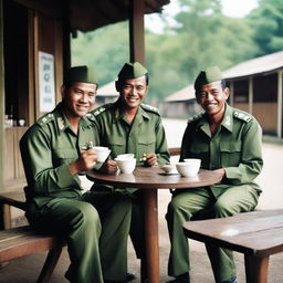 Indonesian soldiers enjoying coffee at a roadside coffee shop