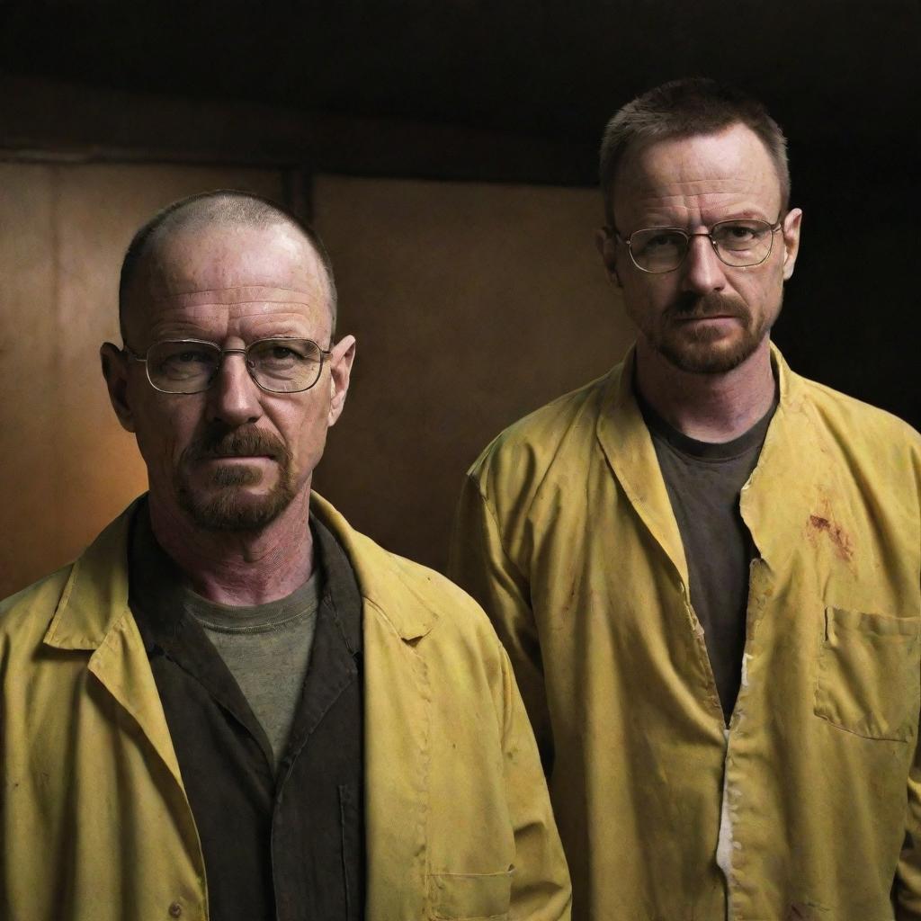 Walter White and Jesse Pinkman from Breaking Bad, elevated to a new level of thrill as zombies. Their normally recognizable traits have evolved into grotesquely captivating zombie features, forming an unforgettable duo of the undead.