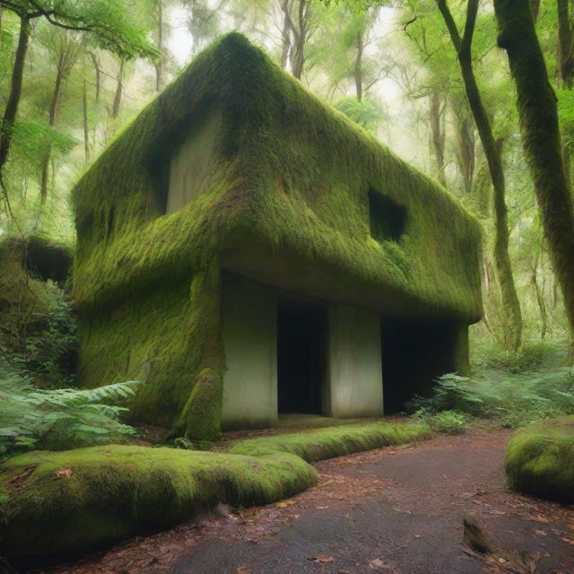 A bunker situated in an overgrown valley with dense vegetation and towering trees