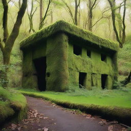 A bunker situated in an overgrown valley with dense vegetation and towering trees