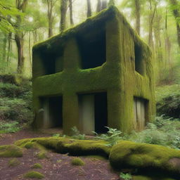 A bunker situated in an overgrown valley with dense vegetation and towering trees