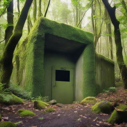 A bunker situated in an overgrown valley with dense vegetation and towering trees