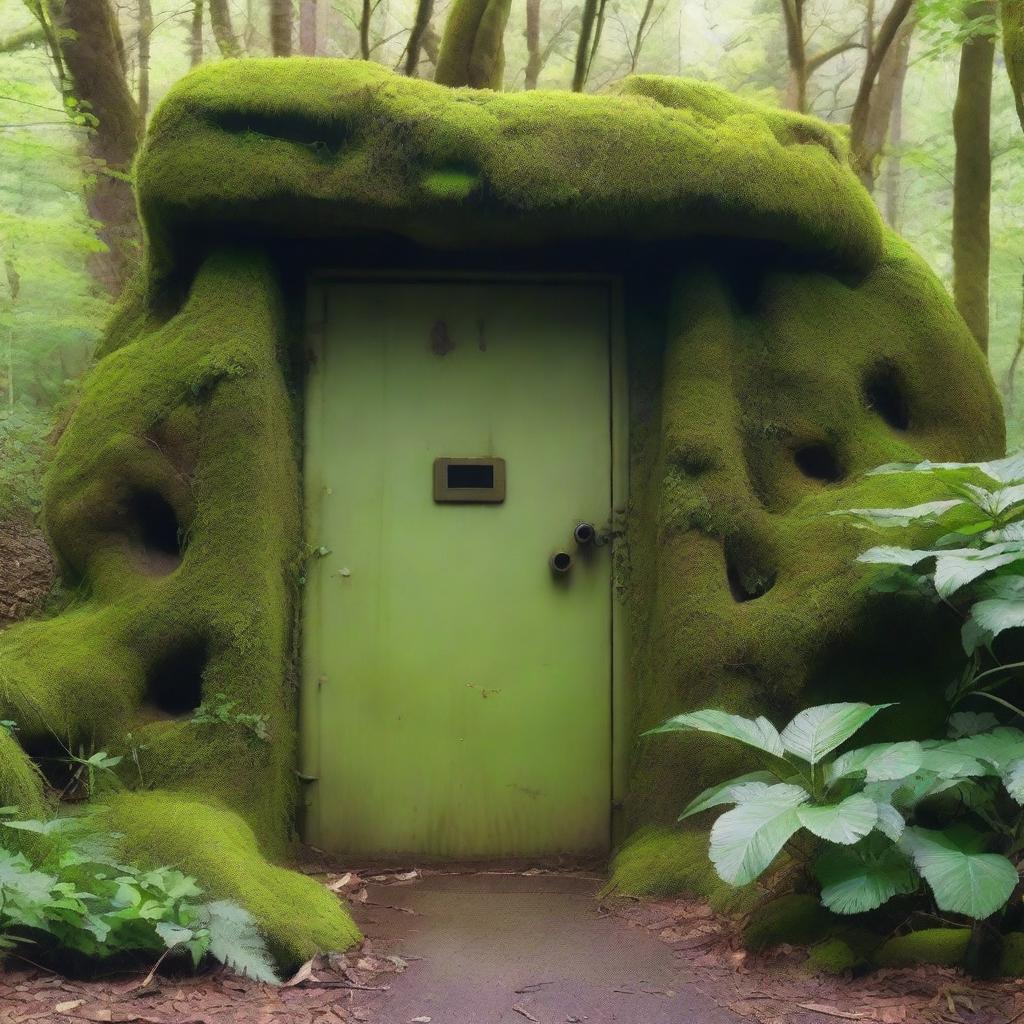 A bunker door situated in an overgrown valley with dense vegetation and towering trees