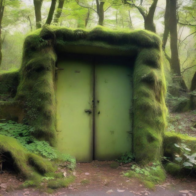 A bunker door situated in an overgrown valley with dense vegetation and towering trees