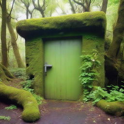 A bunker door situated in an overgrown valley with dense vegetation and towering trees