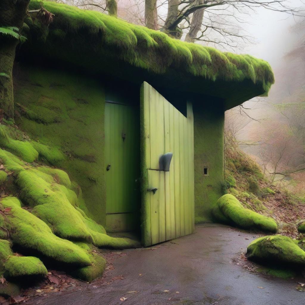 A bunker door on the side of a mountain, located in the middle of a valley with dense trees