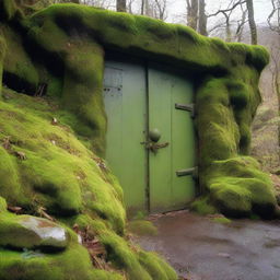 A bunker door on the side of a mountain, located in the middle of a valley with dense trees