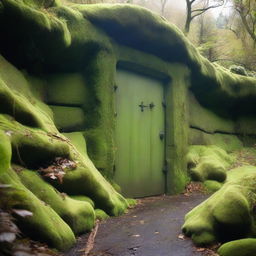 A bunker door on the side of a mountain, located in the middle of a valley with dense trees