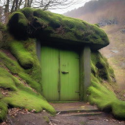 A bunker door on the side of a mountain, located in the middle of a valley with dense trees