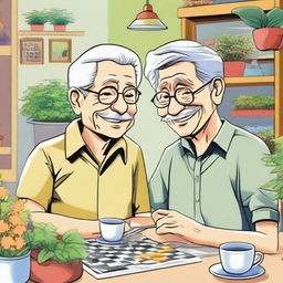 Create colorful manga-style illustrations featuring retired individuals