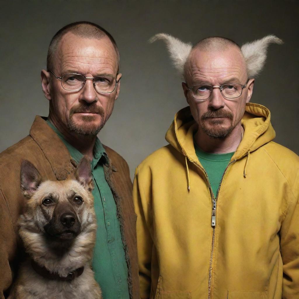 A fantastical crossover depicting Walter White and Jesse Pinkman from Breaking Bad as furry characters. Their usual human attributes have been transformed into anthropomorphic animal features, while still retaining their distinctive persona.