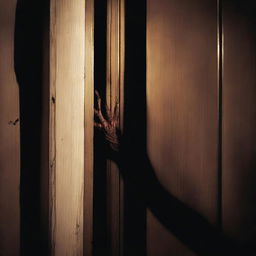 A horror movie poster featuring a hand opening a closet door from the inside