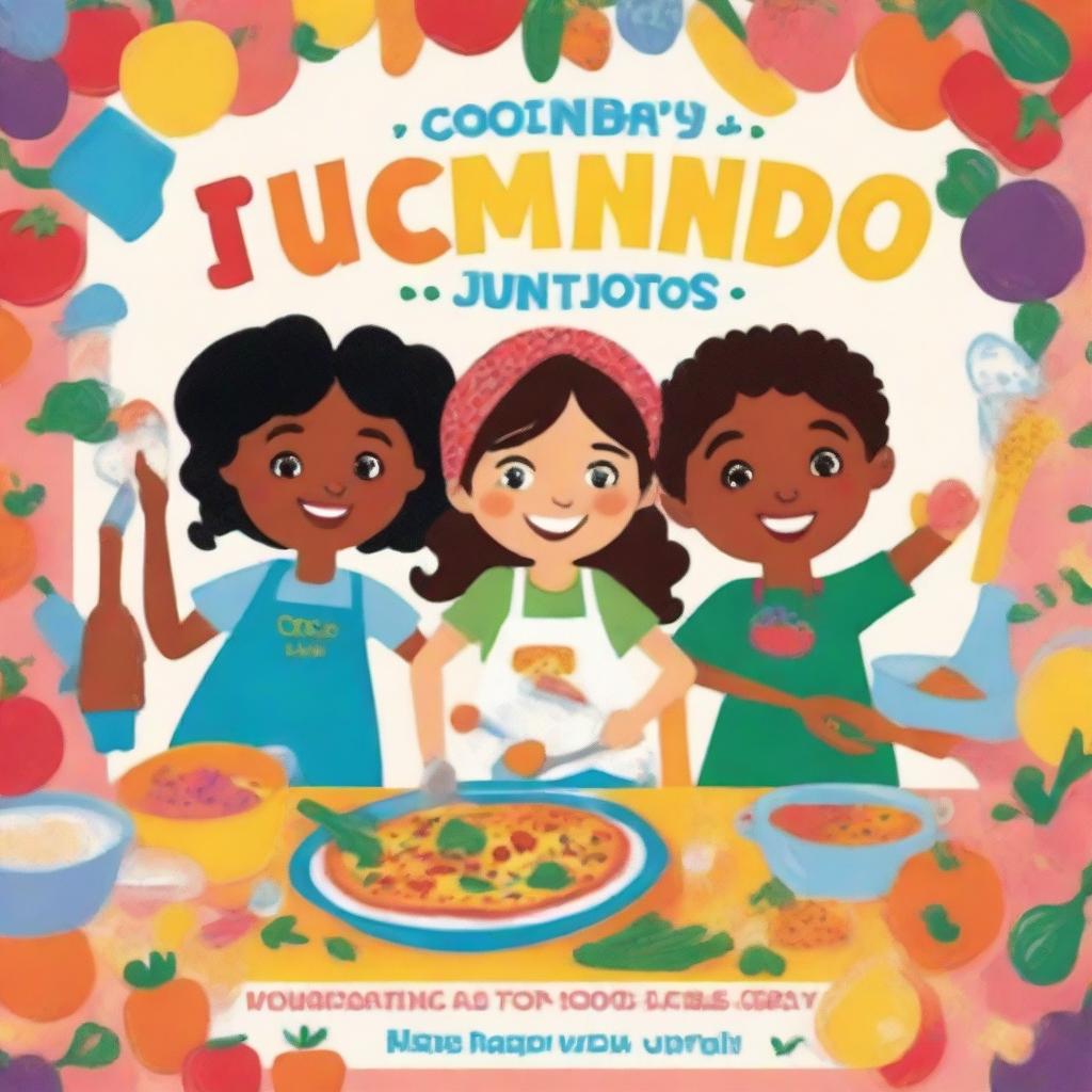 A colorful and fun children's cookbook cover with the title 'Cocinando Juntos'