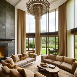 An intricately designed, stylish and modern interior of a living room with a big chandelier hanging from a high ceiling, comfortable suede sofas, a fireplace, and large windows with a view to a beautiful garden.