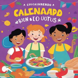 A colorful and fun children's cookbook cover with the title 'Cocinando Juntos'