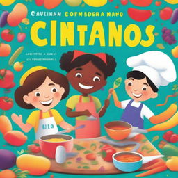 A colorful and fun children's cookbook cover with the title 'Cocinando Juntos'