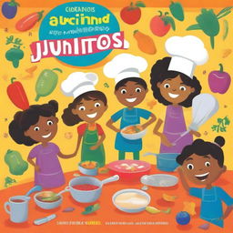 A colorful and fun children's cookbook cover with the title 'Cocinando Juntos'