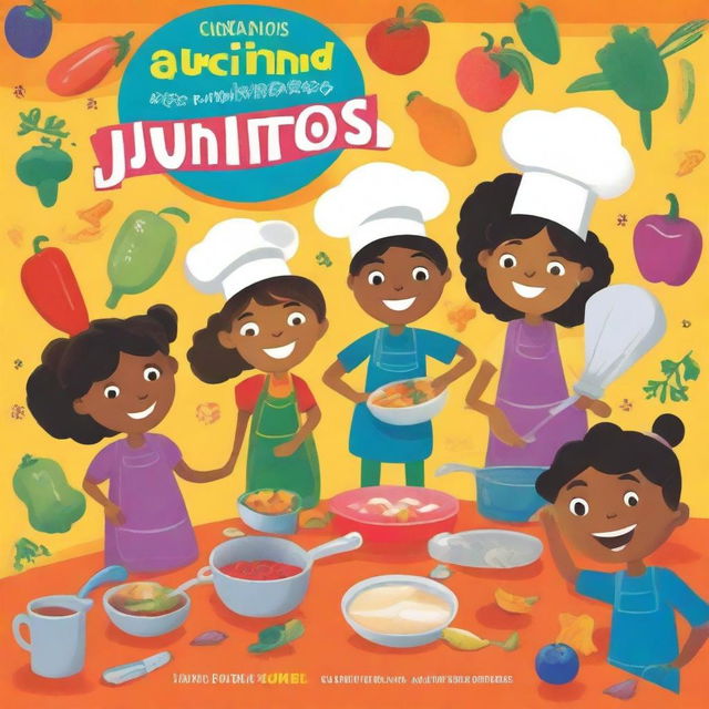 A colorful and fun children's cookbook cover with the title 'Cocinando Juntos'