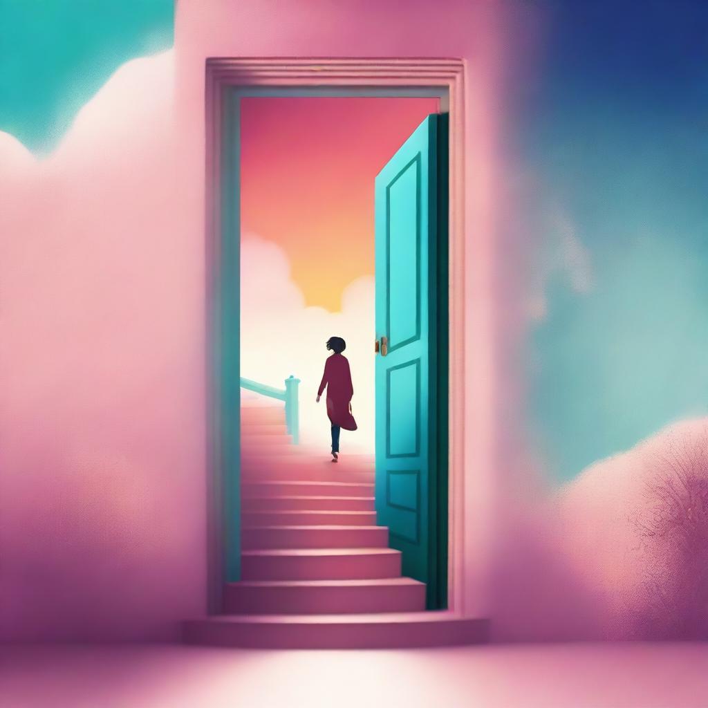 Create a book cover featuring a staircase with a person walking up it, a door at the top of the staircase, and the sky in the background