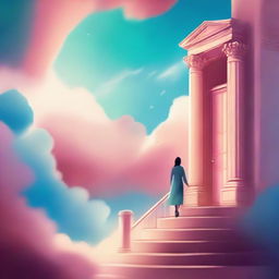 Create a book cover featuring a staircase with a person walking up it, a door at the top of the staircase, and the sky in the background