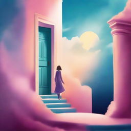 Create a book cover featuring a staircase with a person walking up it, a door at the top of the staircase, and the sky in the background
