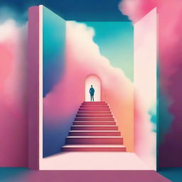 Create a book cover featuring a staircase with a person walking up it, a door at the top of the staircase, and the sky in the background