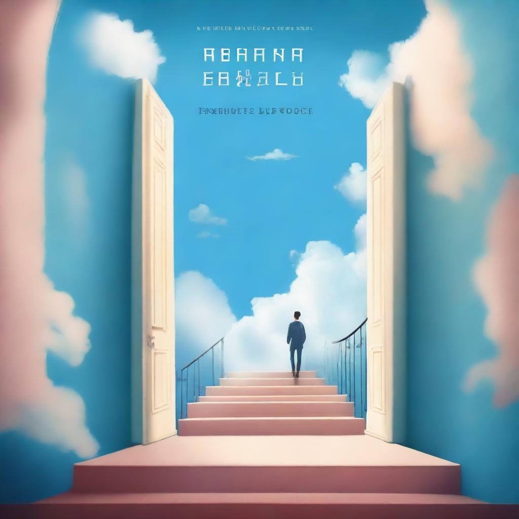 Create a book cover featuring a staircase with a person walking up it, a door at the top of the staircase, and a blue sky with clouds in the background