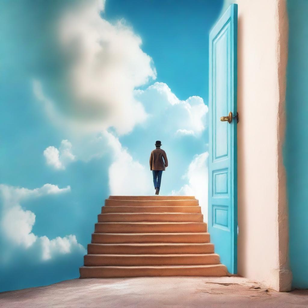 Create a book cover featuring a staircase with a person walking up it, a door at the top of the staircase, and a blue sky with clouds in the background