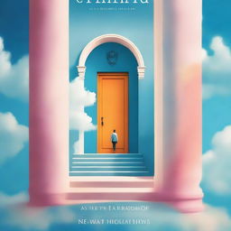 Create a book cover featuring a staircase with a person walking up it, a door at the top of the staircase, and a blue sky with clouds in the background