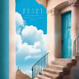 Create a book cover featuring a staircase with a person walking up it, a door at the top of the staircase, and a blue sky with clouds in the background