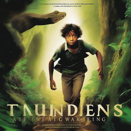 A movie poster titled 'Tunde's Awakening' showing a young guy being chased through a dense bush