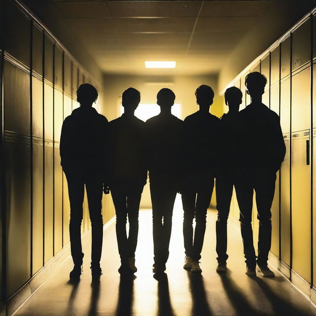 Four attractive young men standing in a dark school hallway