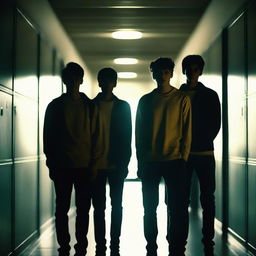 Four attractive young men standing in a dark school hallway