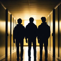 Four attractive young men standing in a dark school hallway