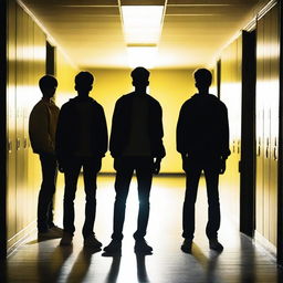 Four attractive young men standing in a dark school hallway