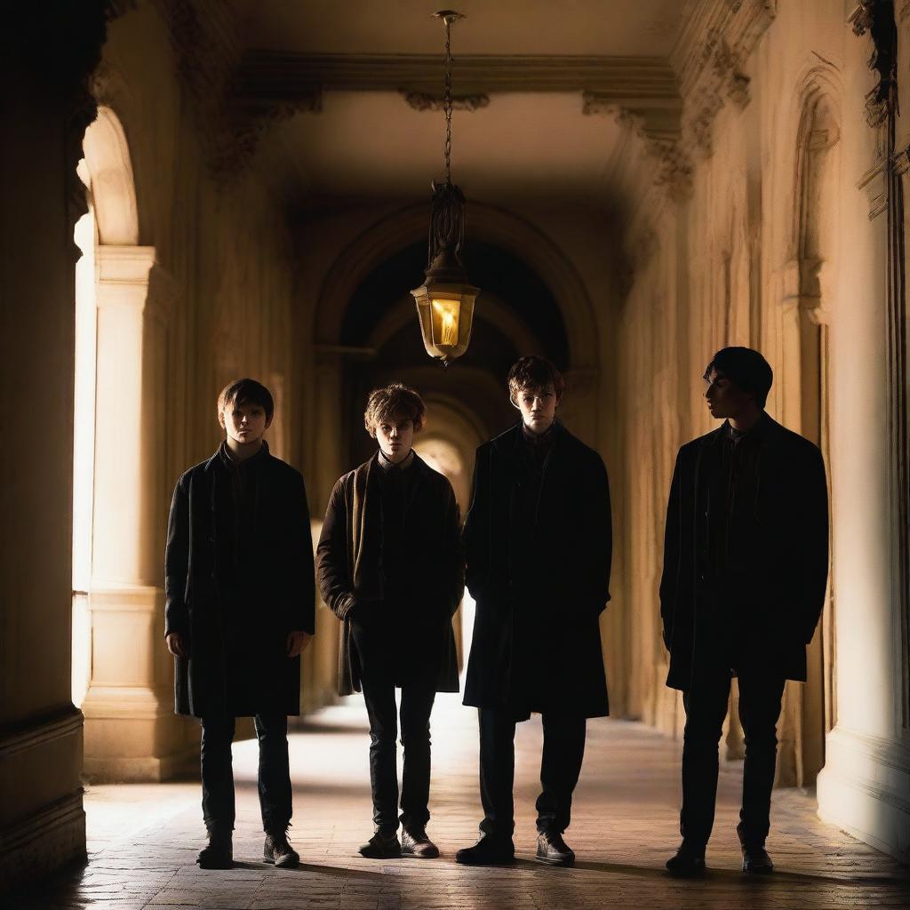 Four attractive young men standing in an old, dark academy hallway