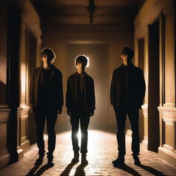 Four attractive young men standing in an old, dark academy hallway