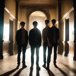 Four attractive young men standing in an old, dark academy hallway