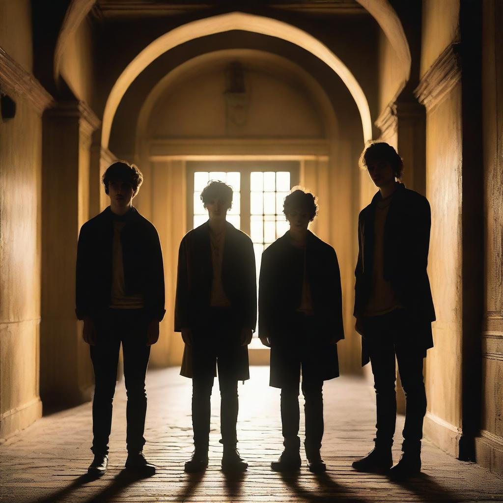 Four attractive young men standing in an old, dark academy hallway